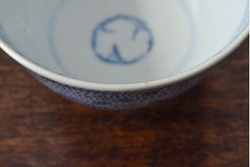 江戸期　古伊万里　染付微塵唐草　蓋茶碗3客セット(和食器)(R-052124)