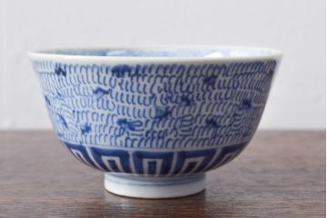 江戸期　古伊万里　染付微塵唐草　蓋茶碗3客セット(和食器)(R-052124)