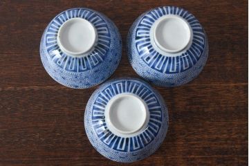 江戸期　古伊万里　染付微塵唐草　蓋茶碗3客セット(和食器)(R-052124)