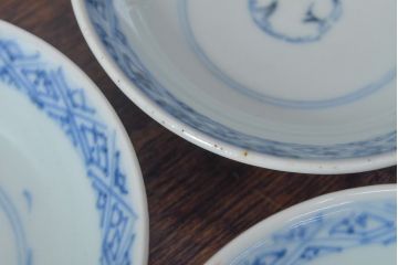 江戸期　古伊万里　染付微塵唐草　蓋茶碗3客セット(和食器)(R-052124)