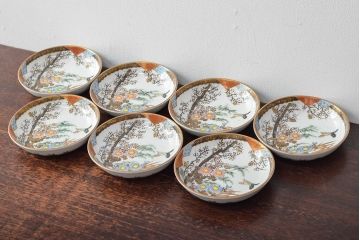 明治〜大正　九谷焼　花鳥図　色絵　小皿7枚セット(和食器)(R-052126)