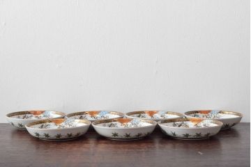 明治〜大正　九谷焼　花鳥図　色絵　小皿7枚セット(和食器)(R-052126)
