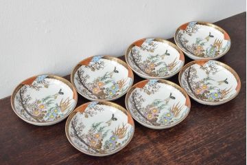 明治〜大正　九谷焼　花鳥図　色絵　小皿7枚セット(和食器)(R-052126)