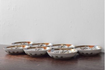 明治〜大正　九谷焼　花鳥図　色絵　小皿7枚セット(和食器)(R-052126)