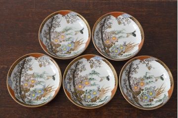 明治〜大正　九谷焼　花鳥図　色絵　小皿5枚セット(和食器)(R-052127)
