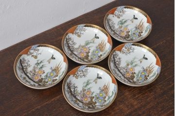 明治〜大正　九谷焼　花鳥図　色絵　小皿5枚セット(和食器)(R-052128)
