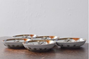 明治〜大正　九谷焼　花鳥図　色絵　小皿5枚セット(和食器)(R-052128)