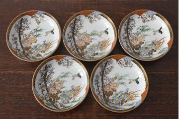 明治〜大正　九谷焼　花鳥図　色絵　小皿5枚セット(和食器)(R-052128)
