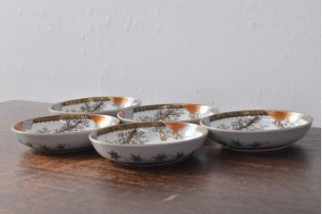 明治〜大正　九谷焼　花鳥図　色絵　小皿5枚セット(和食器)(R-052129)