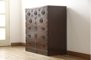 中古　美品　岩谷堂箪笥　力強い杢目と緻密な金具が存在感溢れる整理箪笥(チェスト、和タンス、収納箪笥、引き出し)(R-052135)