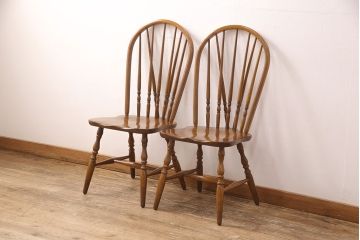 ヴィンテージ　柏木工(KASHIWA、かしわ)　ナラ材製　挽き物加工の背もたれと脚がお洒落なダイニングチェア2脚セット(椅子)(R-052152)