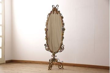 フランスビンテージ　激レア品　凝った装飾が美しい、メタルフラワーの大きな姿見(スタンドミラー、鏡)(R-052157)