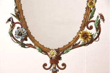 フランスビンテージ　激レア品　凝った装飾が美しい、メタルフラワーの大きな姿見(スタンドミラー、鏡)(R-052157)