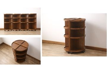 中古美品　カントリーハウス　秋山木工(職人堅木)　ユニークなデザインが目を引く折り畳み丸型飾り棚(陳列棚、本棚、収納棚)(R-052159)