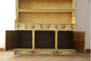 中古　美品　アジアンアンティーク風　カラフルな花の絵柄がかわいらしい大型飾り棚(陳列棚、キャビネット、オープンラック)(R-052165)