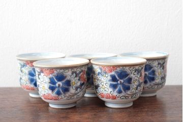 大清光緒年製　色絵　猪口5客セット(古伊万里、中国?)(R-052167)