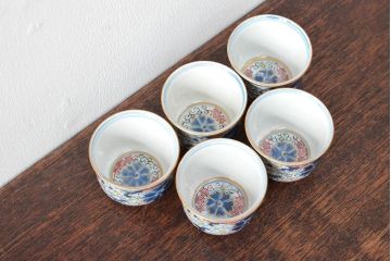大清光緒年製　色絵　猪口5客セット(古伊万里、中国?)(R-052167)