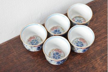 大清光緒年製　色絵　猪口5客セット(古伊万里、中国?)(R-052168)