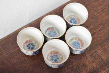 大清光緒年製　色絵　猪口5客セット(古伊万里、中国?)(R-052169)