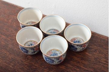 大清光緒年製　色絵　猪口5客セット(古伊万里、中国?)(R-052169)