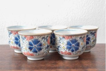 大清光緒年製　色絵　猪口5客セット(古伊万里、中国?)(R-052170)