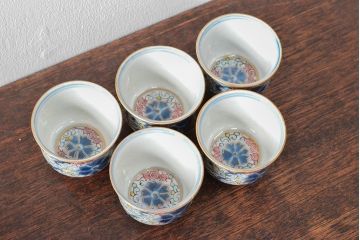大清光緒年製　色絵　猪口5客セット(古伊万里、中国?)(R-052170)