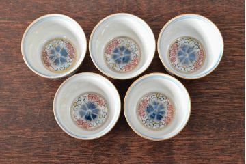 大清光緒年製　色絵　猪口5客セット(古伊万里、中国?)(R-052170)
