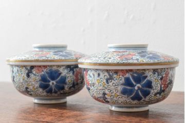 大清光緒年製　色絵染付蓋茶碗2客セット(伊万里、中国?)(R-052172)