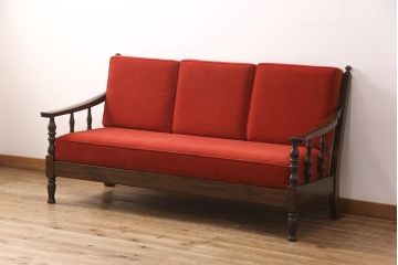 中古美品　松本民芸家具　赤と茶のコントラストが鮮やかな3人掛けソファ(ベンチ、三人掛け、3P)(R-052187)