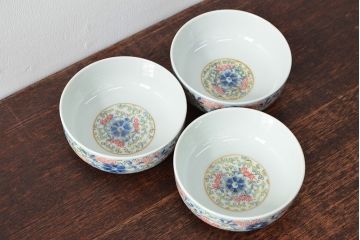 大清光緒年製　色絵染付　深鉢3客(伊万里、中国?)(R-052198)