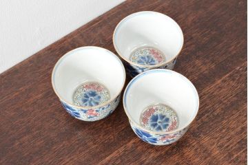 大清光緒年製　色絵染付　蕎麦猪口3客(向付、伊万里、中国?)(R-052205)