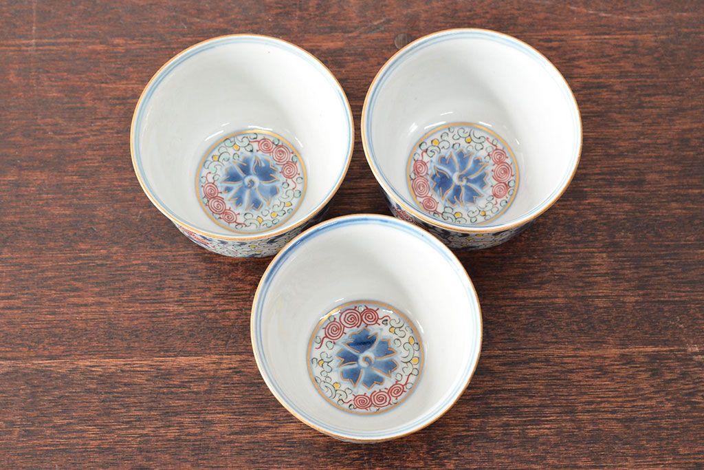 大清光緒年製　色絵染付　蕎麦猪口3客(向付、伊万里、中国?)(R-052205)