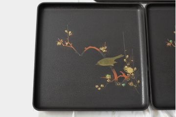 明治〜大正　会津漆器　梅にホトトギスの図　石目螺鈿　木製お盆5枚(会津塗)(R-052220)
