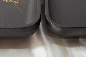 明治〜大正　会津漆器　梅にホトトギスの図　石目螺鈿　木製お盆5枚(会津塗)(R-052220)