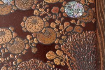江戸〜明治　花に鶏図　蒔絵梨地　木製文箱(硯箱)(R-052222)