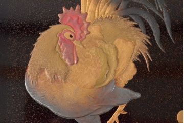 江戸〜明治　花に鶏図　蒔絵梨地　木製文箱(硯箱)(R-052222)