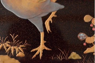 江戸〜明治　花に鶏図　蒔絵梨地　木製文箱(硯箱)(R-052222)