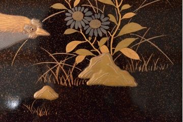 江戸〜明治　花に鶏図　蒔絵梨地　木製文箱(硯箱)(R-052222)