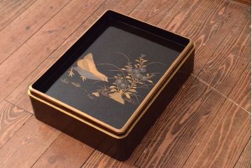 江戸〜明治　花に鶏図　蒔絵梨地　木製文箱(硯箱)(R-052222)