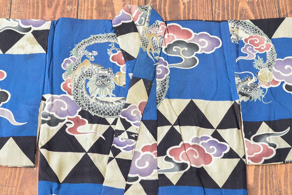 大正〜昭和初期　雲龍文　錦紗縮緬着物(正絹、古布)(R-052244)