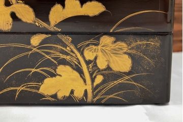 大正〜昭和初期　花鳥図　黒漆金蒔絵　木製五段重箱(漆器)(R-052245)