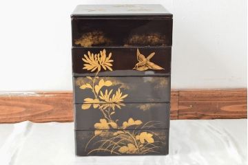 大正〜昭和初期　花鳥図　黒漆金蒔絵　木製五段重箱(漆器)(R-052245)