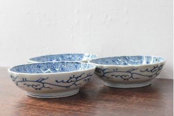 江戸後期　古伊万里　成化年製　微塵唐草文染付　なます皿3枚セット(和食器)(R-052256)