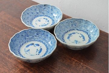 江戸後期　古伊万里　成化年製　微塵唐草文染付　なます皿3枚セット(和食器)(R-052257)