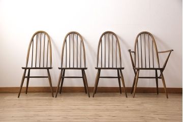 イギリスビンテージ　ERCOL(アーコール)　カントリースタイルにも合うクエーカーチェア4脚セット(椅子、板座チェア、ダイニングチェア、ヴィンテージ)(R-052275)