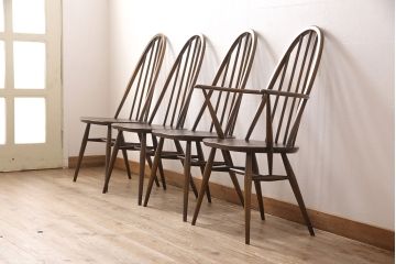 イギリスビンテージ　ERCOL(アーコール)　カントリースタイルにも合うクエーカーチェア4脚セット(椅子、板座チェア、ダイニングチェア、ヴィンテージ)(R-052275)