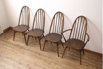 イギリスビンテージ　ERCOL(アーコール)　カントリースタイルにも合うクエーカーチェア4脚セット(椅子、板座チェア、ダイニングチェア、ヴィンテージ)(R-052275)