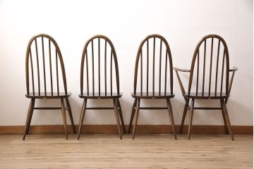 イギリスビンテージ　ERCOL(アーコール)　カントリースタイルにも合うクエーカーチェア4脚セット(椅子、板座チェア、ダイニングチェア、ヴィンテージ)(R-052275)