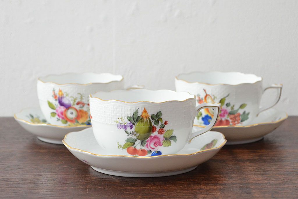 ハンガリー　HEREND　ヘレンド　フルーツコンポジション　カップ&ソーサー3客セット(洋食器)(R-052283)