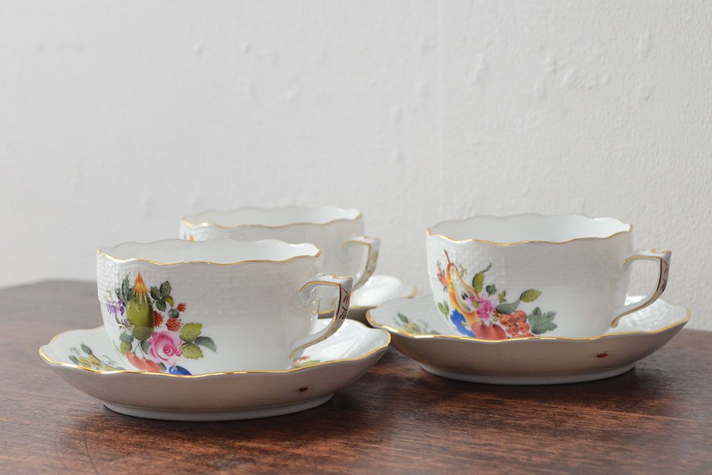 ハンガリー　HEREND　ヘレンド　フルーツコンポジション　カップ&ソーサー3客セット(洋食器)(R-052283)